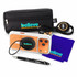 A black tech pack containing headphones, a smartphone, a cleaning cloth, and a pen with branding.