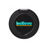 A black circular compact mirror featuring a colourful logo design. It has a hinged cover for easy opening.