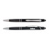 Two black pens with silver accents, featuring a textured grip and one with a printed logo.