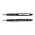 A black pen with a sleek design features a textured grip and a silver clip, along with branding on the side.