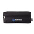 A black tech pack with a zip closure, featuring a logo on one side.