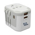 A white travel adapter with multiple plug types and USB ports. It features a logo on one side.