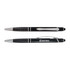 A set of black pens with chrome accents, featuring a textured grip and a logo on one pen.