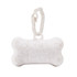 A white, speckled, bone-shaped container with a loop for attachment. Suitable for pet accessories.