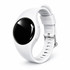 A round white pedometer with a glossy black face and an adjustable strap features a logo on the side.