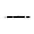 A black pen with silver accents and a textured grip, featuring a logo.