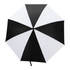 A black and white striped umbrella featuring a central opening mechanism and a textured handle. It has a logo.