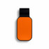 An orange and black car visor sunglass holder with a smooth, rounded design. It features a logo.