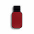 A car visor sunglass holder in red with a black mount. Features a smooth surface and a simple design, includes branding.
