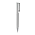 A silver metal pen with a textured grip and a clip, featuring a logo on the barrel.