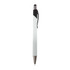 A metal pen with a sleek white barrel and black accents, featuring a clip and shiny silver tip.