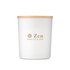 A white candle jar with a wooden lid, featuring a logo and branding for "Zen Health & Spa."