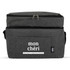 A grey insulated cooler bag with a zippered top and a front pocket, featuring a logo.