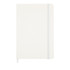 A white notebook with a grey elastic band and a ribbon bookmark. It has a smooth cover and no visible branding.