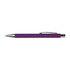 A purple pen with a silver clip and a shiny tip. It has a smooth grip and a sleek design.