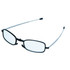 Folding reading glasses with a black frame and transparent arms, featuring a logo on the frame.