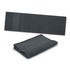 A folded and flat grey sports towel. The towel features a logo on one side.