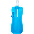 A drink bottle in translucent blue, featuring a nozzle and a carabiner clip, with a logo.