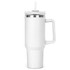 A drink bottle in white with a clear lid and straw, featuring a sturdy handle and a sleek design.