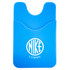 A blue phone wallet with a textured design and a logo. Features a pocket for cards or cash.