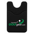 A black phone wallet featuring a curved top and a logo. The material has a textured finish.