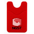 A red phone wallet with a textured design and a logo featuring horizontal stripes and text.