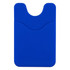 A blue silicone wallet designed to attach to a phone, featuring two pockets for cards. It has a textured surface.