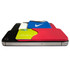 A smart wallet in red, black, and blue, holding various cards and featuring a logo.