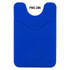 A blue phone wallet with a textured area and a rounded top, featuring a logo.