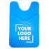 A blue phone wallet made of silicone, featuring a textured back and a placeholder for a logo.