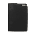 A black A5 notebook with a slim profile, featuring an interior pocket for notes or cards and a logo on the cover.