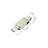 A silver Pivot Duo Type-C flash drive with a sleek design, showcasing its dimensions and a logo.