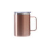 A stainless steel cup in a rose gold colour with a handle and a clear lid. It includes a logo.