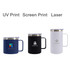 A stainless steel cup with a handle available in navy, black, and white, featuring a logo on each model.