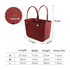 A red EVA beach bag with holes, featuring two straps and dimensions provided in a table format.