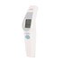 A white touchless digital infrared forehead thermometer with a display and buttons.