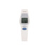 A white touchless digital infrared forehead thermometer with an LCD display and a blue button. It has a simple, ergonomic design.