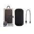 A black and green outdoor solar wireless power bank with a USB cable and packaging. It features a logo on the box.