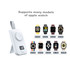 A white portable power bank designed for Apple Watch, featuring a display and compatibility with multiple models.