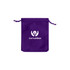 A purple velvet drawstring bag with a logo on the front. The bag features a drawstring closure.