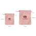 Two pink velvet drawstring bags of varying sizes, featuring a logo on the front. Dimensions are included.