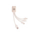 A square-shaped charging cable in a light beige colour with three connectors and a logo.