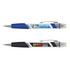 A highlighter pen set featuring a blue pen and a black pen, both with clear caps and branded logos.