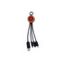 A round-shaped charging cable with a wooden accent and three connectors, featuring a logo. Black with a touch of brown.