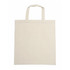 A beige calico bag with short handles and a simple design. Features a logo on one side.