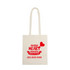 A beige calico bag featuring long handles and a logo with red text.