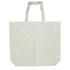A natural beige calico bag with short handles and a gusset, featuring a logo on one side.