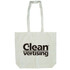A calico tote bag in a light beige colour with long handles and a gusset, featuring a logo.