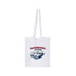 A white cotton tote bag with long handles, featuring a design and logo on the front.