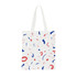 A long handle cotton bag with a white background featuring abstract designs in red and blue. It has a logo.